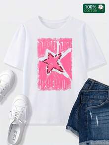 100% Cotton Retro Style T-Shirt, With Celebrity Graffiti, Hip-Hop, Punk, Urban Fashion, Harajuku Style, Suitable For Home, Casual Use, Elegant, Versatile, For Going To Work, Sports, Universal, Comfortable, Made Of Durable Pure Cotton, For Everyday Casual Use. - 白色 - 查看 2
