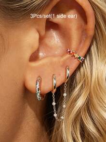 3 Stücke/Set Ohrringe für Frauen, vergoldet mit mehrfarbigem Zirkonia, Ohrmanschette mit Kette, doppelter Creolen-Ohrringe, Stapel-Ohrringe, Damen Schmuck Accessoires für den täglichen Gebrauch - 3 Teile/Satz (1 Seitenohr) - Übersicht 7