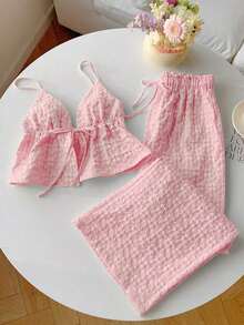 2 piezas Conjunto casual de vacaciones con rayas tejidas amarillas para mujer, /verano - Rosa 2 - Ver 6