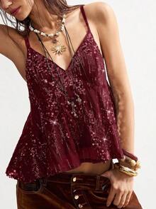 Camiseta de tirantes finos sin mangas de verano con lentejuelas de moda casual para mujeres - Burdeos - Ver 6