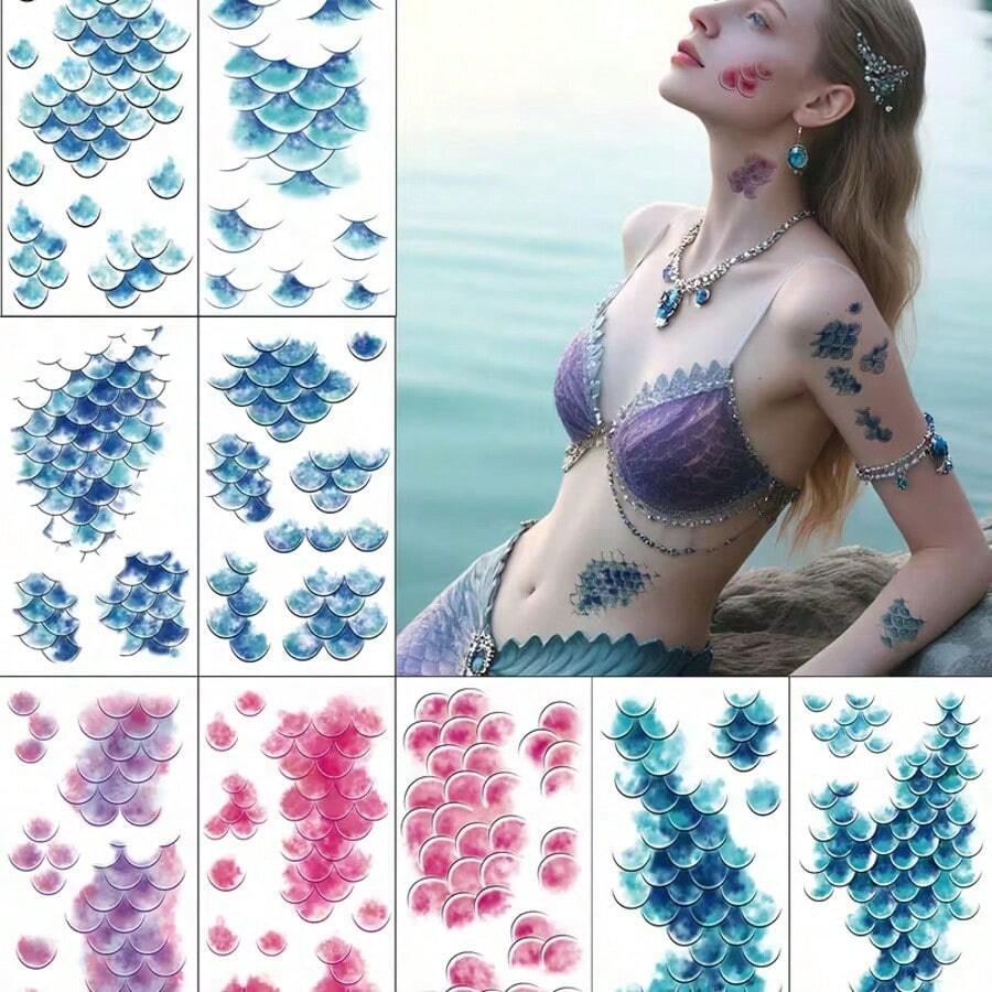 10pcs Colorful Fish Scale Temporary Tattoos, Blue & Purple Fish Scales, Mermaid Makeup, Cute & Sweet, Suitable For Makeup Beginners, Music Festivals, Wedding Season - Multicolor - View 1