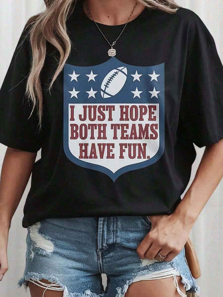 Women's Plus Size Short Sleeve T-Shirt For American Football Fans, With Logo Print And Slogan "Just Hope Both Teams Have Fun", Shiny Crew Neck, Casual Top, Machine Washable, For Game Day And Casual Wear (1XL-5XL) Leisure - 黑色 - 查看 1