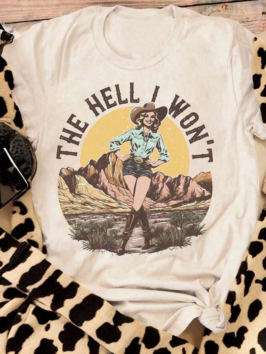 Short-Sleeved T-Shirt With A Vintage Western Landscape Graphic Print And A Girl, For Plus Sizes. - Beis - View 1
