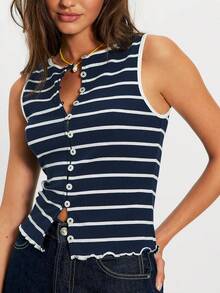 Womens Striped Ribbed Print Tank Tops  Sleeveless Scoop Neck Button Down Tops Slim Fit Shirts - Blue - View 2