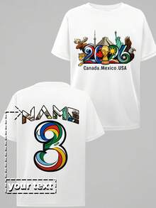 Custom Short-Sleeved Youth T-Shirt For The 2026 World Cup, Featuring Cultural Elements From The Three North American Countries For 2026, A Rainbow Gradient Print With The Number 3 And A Monument Design, Suitable For Cheering On Matches And For Everyday Street Wear. - 白色 - 查看 3