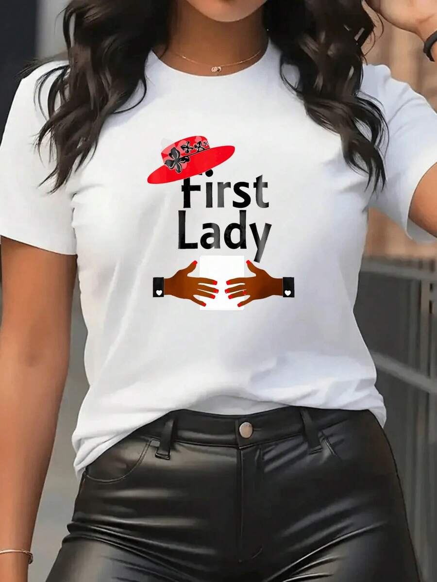 Printed T-Shirts For Women, Oversized Urban Style Tops, Comfortable And Stylish Summer Tees That Go With Everything. Casual White T-Shirt For Women With A Text Print Of A Lady With A Red Hat And Hands, Everyday Wear. - 白色 - 查看 1
