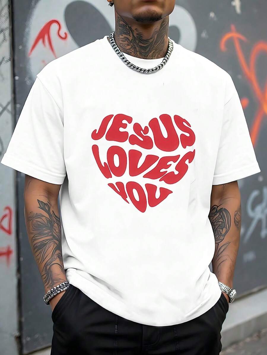 Graphic T-Shirt "Loves You" - Casual Black Short Sleeve T-Shirt With Red Lettering, Breathable For Summer, For Outdoor And Casual Wear, Comfortable Crew Neck Design, Everyday Wear T-Shirt| Bold Graphic Design T-Shirt| Comfortable Fit, T-Shirts, Clothing Y2k, T-Shirt, Shirt - 白色 - 查看 1