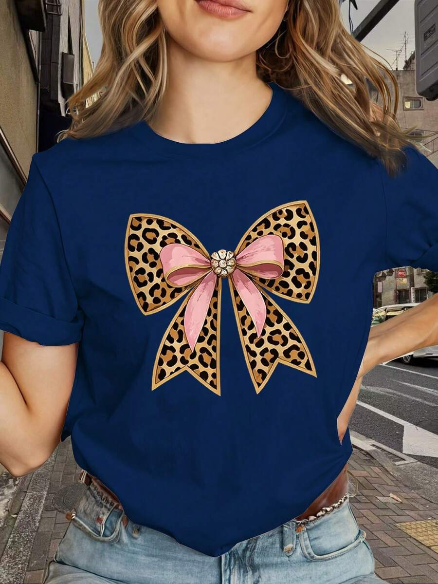 High-Quality Wholesale Women's T-Shirt, Comfortable And Stylish, With Bow Design And Leopard Print, Unique Print, Ideal For Best Friend Sets, Loose Fit, Casual, Versatile, Comfortable And Skin-Friendly, Crew Neck, New 2026 - 100% Breathable Cotton - 藍色 - 查看 1