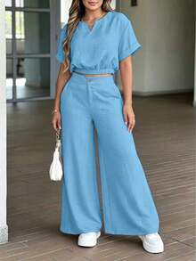 Conjunto de 2 piezas de mujer de unicolor elegante con cremallera y botones, adecuado para uso diario y vacaciones, primavera/verano - azul cielo - Ver 3