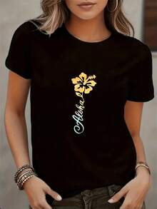Camiseta Blanca para Mujer, Estampado Floral Aloha, Ropa Casual de Verano para Playa, Top de Moda Urbana - Negro - Ver 2