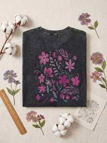 Fun Women's Clothing With  Cartoon Floral And Plant Prints, Street Style, Korean Style, Comfortable, Retro, Versatile For Work, Y2K Women's Clothing, Black Fitted Short-Sleeved Crew Neck T-Shirt, Niche Punk Style, Double-Sided Print, Comfortable Pure Cotton T-Shirt From The Washed Retro Series, Easily Creates Retro Casual Wear, Suitable For Daily Commutes, Casual Outings And Everyday Use, Classic Retro Style Women's Clothing. - 黑色 - 查看 8