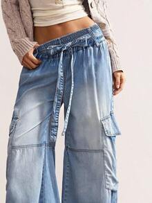 Pantalones anchos y sueltos de mezclilla tejida de unicolor casual - Azul - Ver 1
