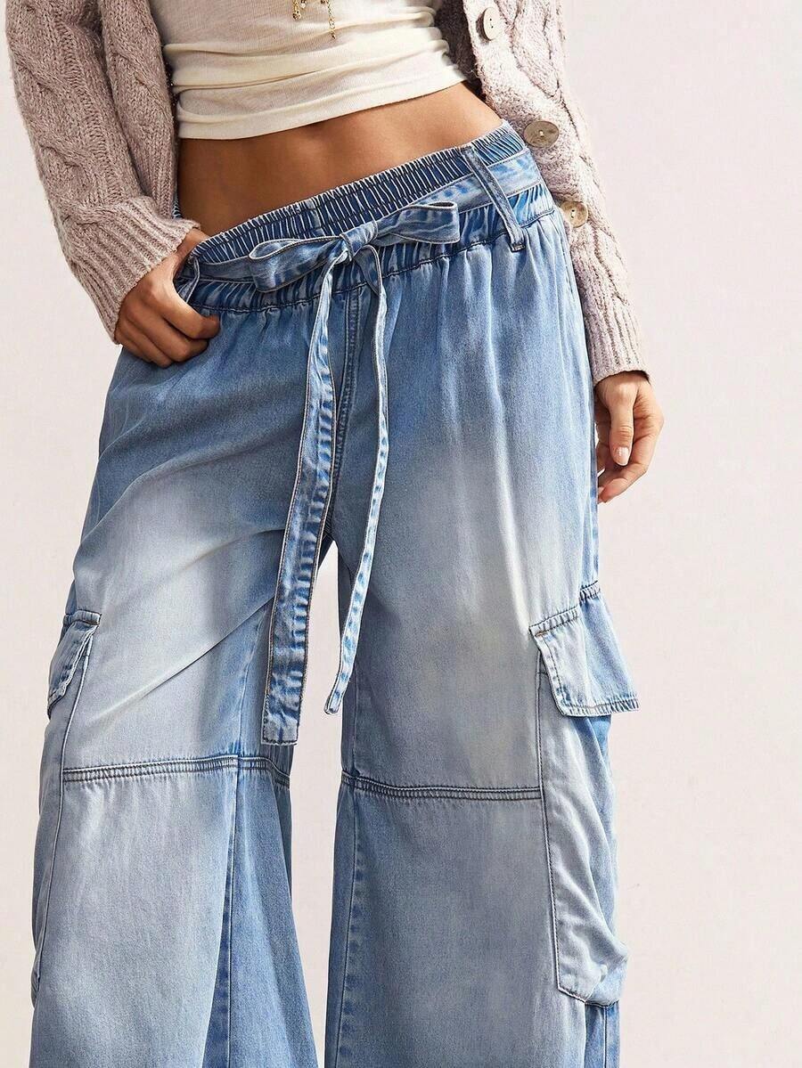 Pantalones anchos y sueltos de mezclilla tejida de unicolor casual - Azul - Ver 1