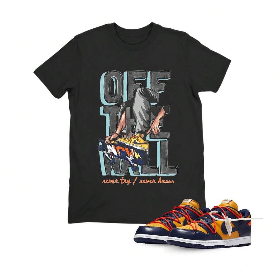 Off-White Dunk Low University Gold T-Shirt, Matching Midnight Navy Sneakers. This T1EE T-Shirt Is Made From 220g Soft Cotton For Men And Women, Crafted From Durable, Premium Fabric That Feels Great Against The Skin. It's Ideal For All Body Types And Everyday Wear. Breathable And Lightweight, These Stylish Fall Outfits Are Perfect For Everyday Wear, Outdoor Activities, Travel, Vacations, And Themed Parties Year-Round. - 黑色 - 查看 1