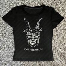 1 Women's Short Sleeve T-Shirt With Donnie Darko Black And White Skull And Rabbit Print - Y2K Gothic Punk Style, Dark Film Culture Themed T-Shirt For Halloween And Events, Hand Wash Only, Opaque Fabric, Fashion Top, Pure Cotton, Soft Crew Neck Short Sleeve Casual Top, Christmas Gift, Slim Fit, Comfortable For All Seasons, Fashionable Women's T-Shirt, Crew Neck Printed Design T-Shirt, Machine Washable, Short Sleeve T-Shirt. - 黑色 - 查看 1