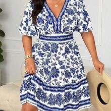 Holidaya Plus Size Women V-Neck Retro Print Casual Dress Curvy Summer Dresses Plus Size Floral Dress Plus Size Vacation Dress Women Summer Dresses Plus - Rosa Fucsia - Ver 4