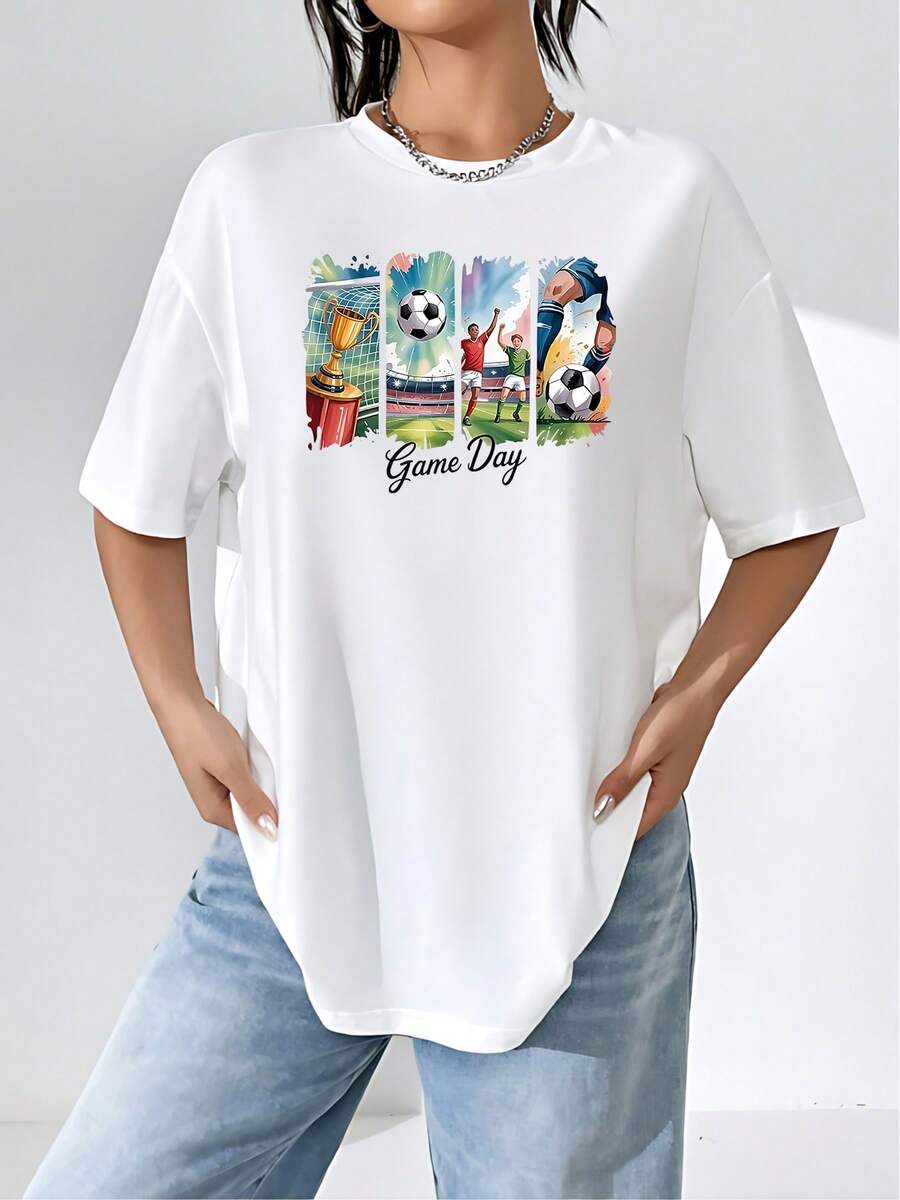 The Print Depicts A Vibrant Match Day With A Soccer Ball, Celebrating Players, And A Trophy Symbolizing Passion And Victory In The Energetic Stadium. This Women's T-Shirt Is Made Of 100% Cotton, Is Casual And Comfortable, Perfect For Sports Fans And Active Moments. - 白色 - 查看 1