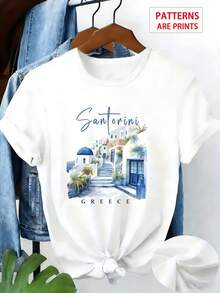 Women's Plus Size T-Shirt, Santorini Greece Watercolor Print - Short Sleeve Blouse, Comfortable Round Neck, Holiday Outfit For Curvy Women, Casual And Travel Clothes For All Seasons (Machine Washable) - 白色 - 查看 1
