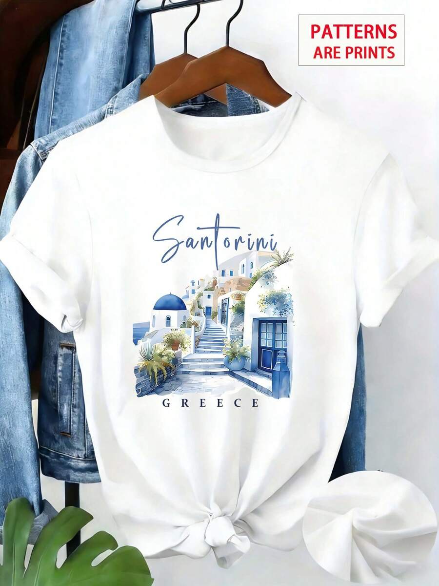 Women's Plus Size T-Shirt, Santorini Greece Watercolor Print - Short Sleeve Blouse, Comfortable Round Neck, Holiday Outfit For Curvy Women, Casual And Travel Clothes For All Seasons (Machine Washable) - 白色 - 查看 1