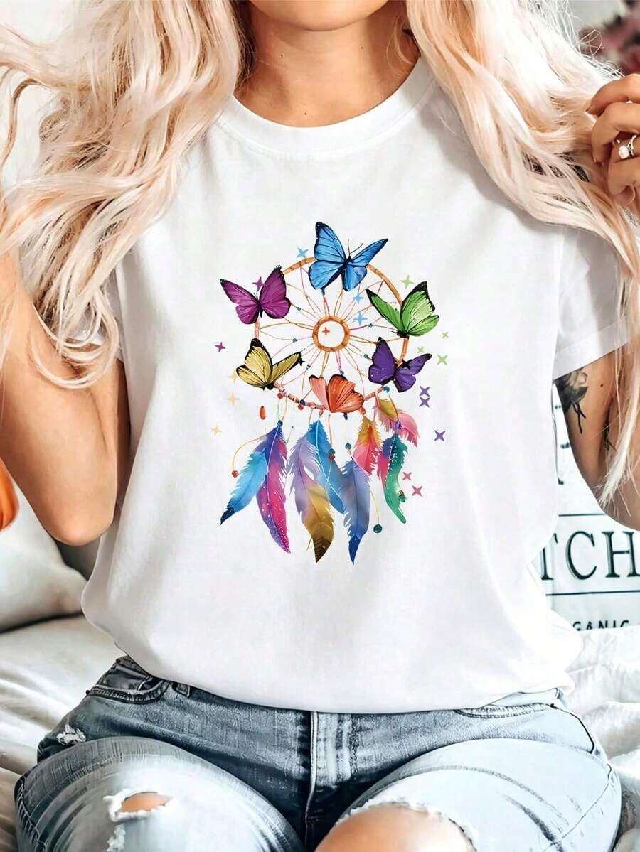 Camiseta de manga corta con cuello redondo para mujer, ligera y transpirable, de algodón, con estampado 'CIN CIN' Martini, hombros caídos, elegante y linda, esencial para el guardarropa de o - Blanco - Ver 1