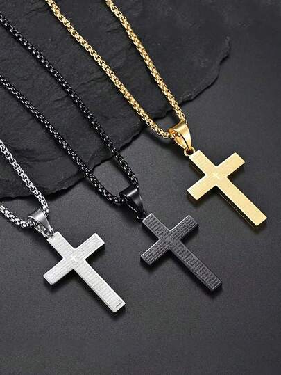 1 pieza Collar con colgante de cruz para hombres, cadena de cuentas cuadradas de acero inoxidable con grabado de versículo bíblico, plateado en plata/oro/negro, joyería de estilo gótico y hip hop unisex, adecuado para uso diario, fiestas, Día del Padre, Navidad, regalo de cumpleaños, amuleto religioso cristiano
