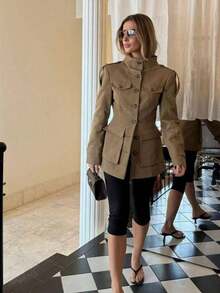 Chaqueta de mujer con cuello alto, manga larga y bolsillos con lazo, elegante para otoño y primavera - Albaricoque - Ver 4