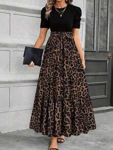 Vestido de línea A de Keke Bloomly para mujer, elegante manga abullonada con detalle de lazo en la cintura, cuello redondo, lavable a máquina, casual y semi-formal, tela ligera, estampado de leopardo, para primavera y vacaciones de verano - Multicolor - Ver 1