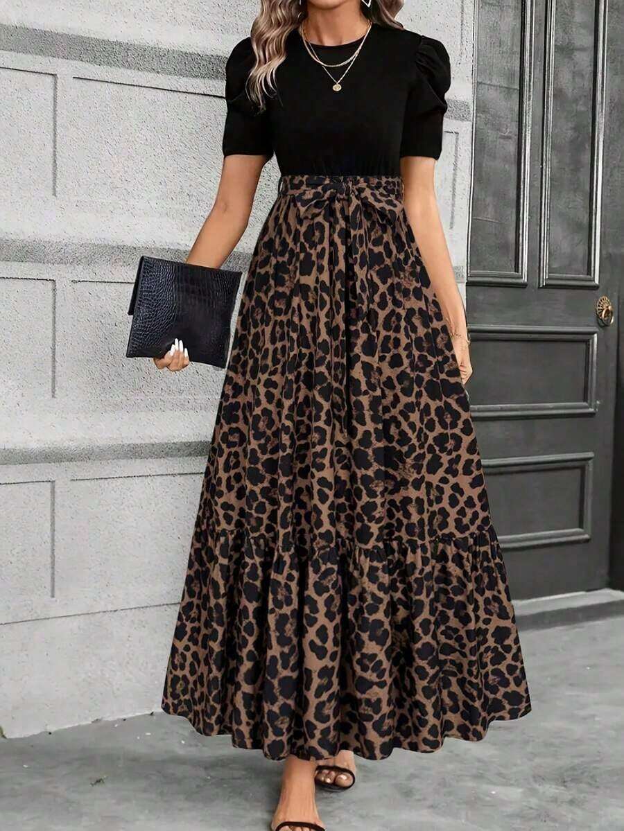 Vestido de línea A de Keke Bloomly para mujer, elegante manga abullonada con detalle de lazo en la cintura, cuello redondo, lavable a máquina, casual y semi-formal, tela ligera, estampado de leopardo, para primavera y vacaciones de verano - Multicolor - Ver 1