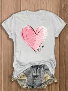 1 pieza, Paquete de Tres Camisetas de Manga Corta con Cuello Redondo para Mujer, Estilo Casual Deportivo Vintage, con Estampado de Corazones y Flores, 180g, 100% Algodón, los diseños están impresos. Unisexo. - Blanco2 - Ver 12