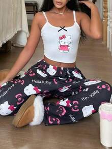 【奇幻世界】2件套Hello Kitty印花女士吊带露脐上衣+弹力腰直筒裤可爱睡衣套装 - 白色 - 查看 3