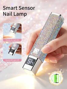1pc Rhinestone Mini Rechargeable UV LED Nail Lamp, Suitable For Gel Nails, Fast Drying Nail Therapy Machine UV LED Gel Nail Polish Curing Lamp Nail Art Tool Rechargeable Nail Salon Equipment - Silver - View 2