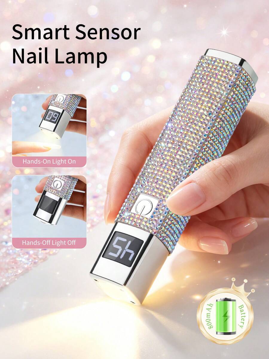 1pc Rhinestone Mini Rechargeable UV LED Nail Lamp, Suitable For Gel Nails, Fast Drying Nail Therapy Machine UV LED Gel Nail Polish Curing Lamp Nail Art Tool Rechargeable Nail Salon Equipment