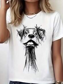 Women's Classic White Turtleneck T-Shirt With A Dog Face Sketch Print, Perfect For Summer. This Breathable And Comfortable Short-Sleeved T-Shirt Makes A Great Gift For Halloween Or Christmas. - 白色 - 查看 1