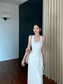 Women's Halter Neck Dress, Dark Greyish Green, Knit Design With Knot At The Waist And Decorative Ribbons, Fitted Stretch Fabric, Modern Elegant Style, Ideal For Everyday Wear. - 白色 - 查看 8