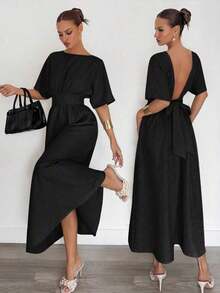 Vestido midi de verano casual para mujer con mangas de murciélago, espalda descubierta y cintura con lazo - Negro - Ver 9