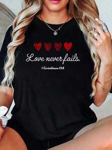 Camisetas Negras de Algodón "El Amor Nunca Falla", Camisetas para Mujeres Cristianas para el Día de San Valentín, Camisetas Estilo Y2K, Camisetas de Verano, Conjuntos de Verano, Camisetas Casuales Diarias, Camisetas de Manga Corta Casuales de Verano - Negro - Ver 10