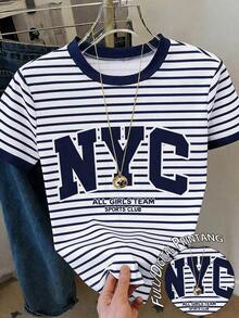 Camiseta casual de mujer de cuello redondo y manga corta con estampado de letras y rayas - Multicolor 2 - Ver 5
