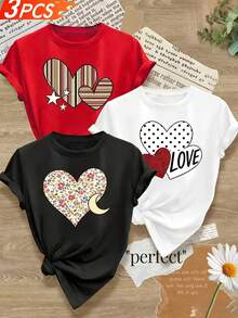 Camiseta casual de mujer de una pieza, con cuello redondo, estampado de rayas, lunares y corazones florales, opción ideal para el Día de San Valentín. - Negro - Ver 7