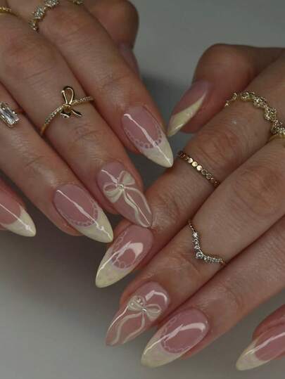 24pcs Long Almond Shaped Butterfly Nail Design Yellow French Press-On Acrylic False Nails Set,White Pearl Decoration, Includes: 1pc Jelly Gel And 1pc Nail File. Perfect For Valentine's Day Nails And Yellow French Manicure, Ideal For Women And Girls For Daily Work And Party Use. Nail Supplies