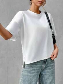 Camiseta holgada de estilo minimalista casual para mujer, con parte delantera corta y parte trasera larga, versátil para usar en la calle, adecuada para primavera y verano - Multicolor 3 - Ver 5
