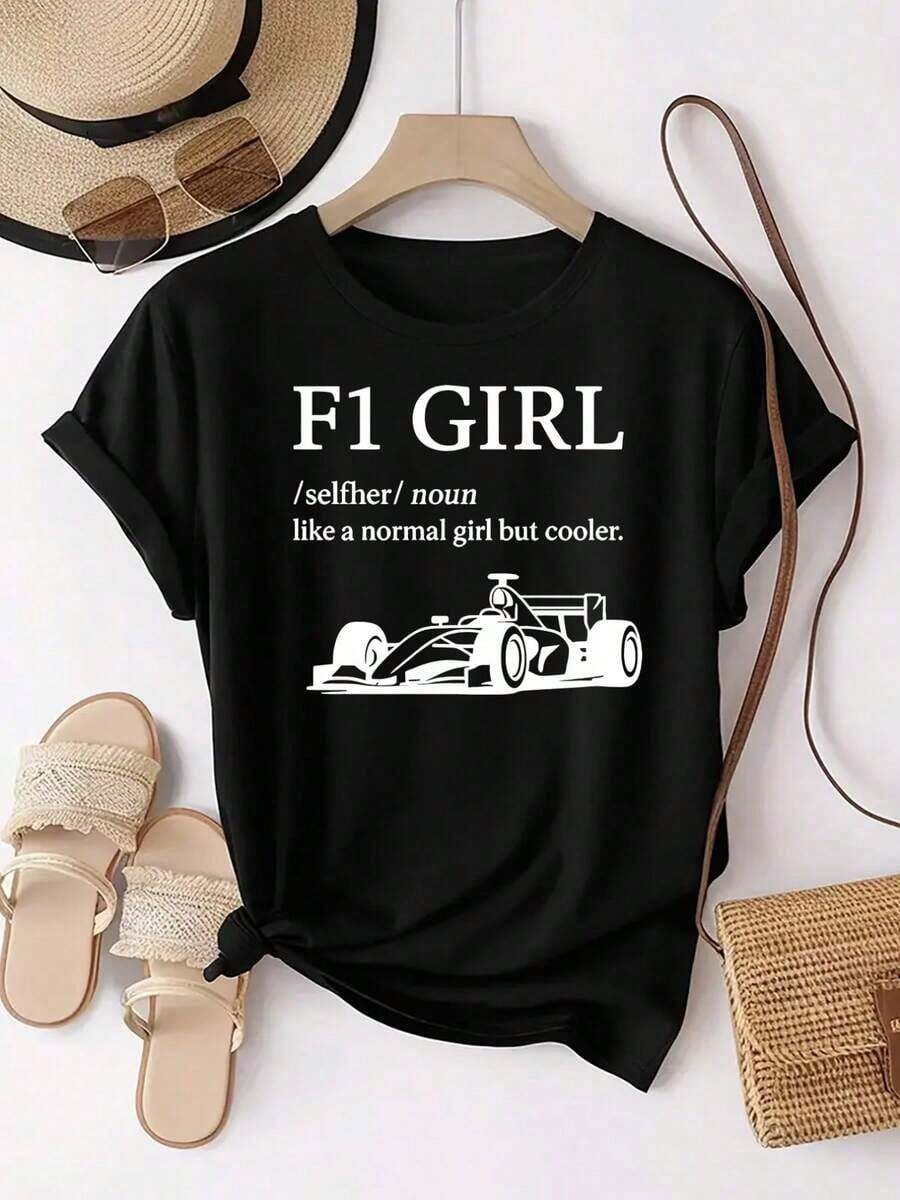 1 pieza. El diseño de carreras se combina con las palabras 'F1 GIRL'. Camiseta Deportiva Casual de Manga Corta con Cuello Redondo y Estampado Personalizado para Mujer, Top Cómodo para Uso Diario, Ropa para Hombre y Mujer, Blusas para Mujer, Ropa de Vacaciones para Mujer, 180g 100% Algodón, Todos los estampados están impresos. Unisexo. - Negro - Ver 1