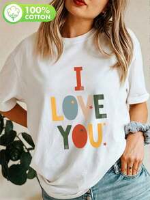 Camiseta de algodón puro con estampado "Te amo" para mujer, de manga corta y cuello redondo, estilo casual de verano, linda camiseta para el Día de la Madre, ideal para uso diario, cómoda y casual – Regalo para mamá. - Blanco - Ver 7