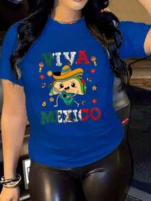 Women's Plus Size Viva Mexico Graphic T-Shirt - 100% Cotton, Short Sleeve, Crew Neck, Casual Top With Vibrant Mexican Culture Design, Maracas, Sombrero And Chili Print, Red/Blue Green, Machine Washable, All Season Comfort, Ideal For Summer - 藍色的 - 查看 3