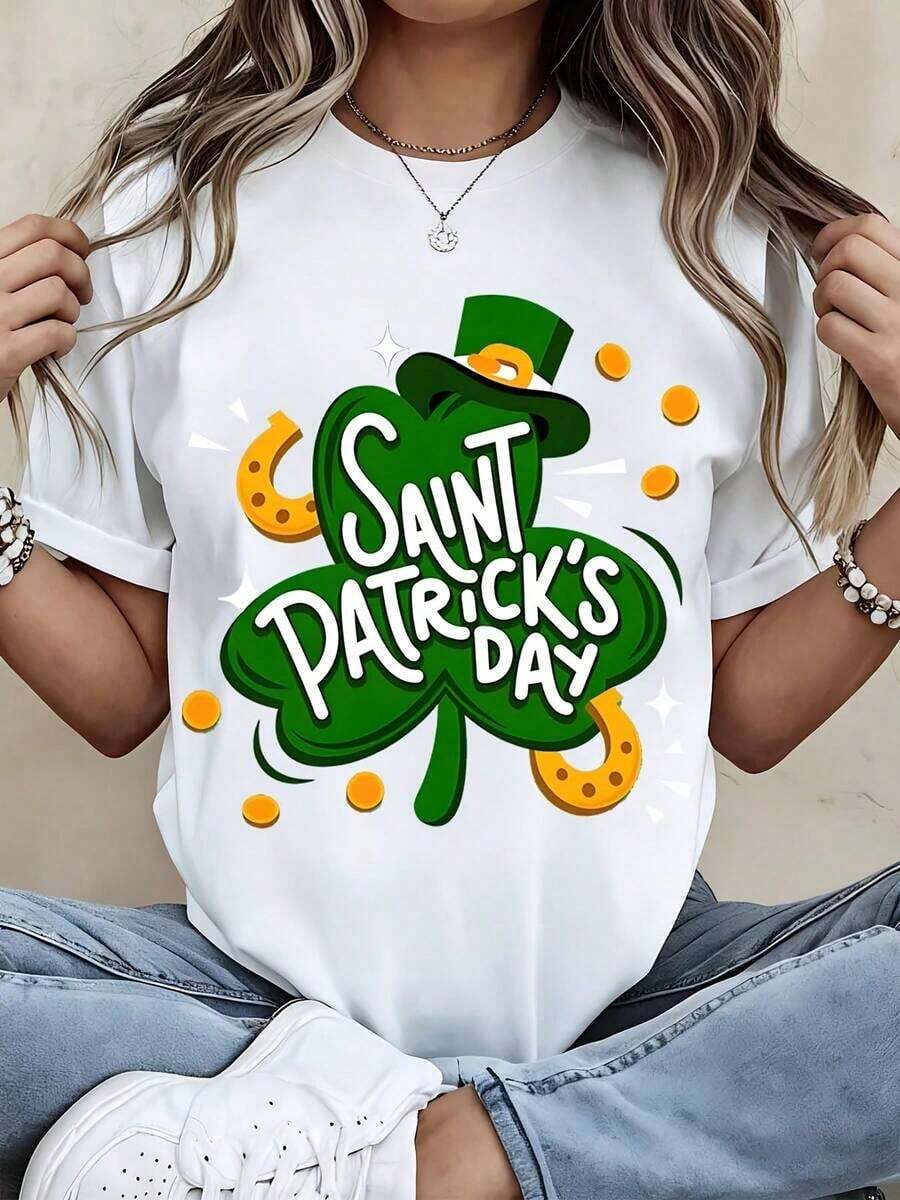 Women's St. Patrick's Day T-Shirt With Lucky Shamrock Design, Green Shamrock And Gold Horseshoe Print For St. Patrick's Day Celebration, Casual Party Wear, Seasonal Outfit - Vintage Urban Style, Unisex Loose Fit Cotton Short Sleeve Crew Neck T-Shirt - 白色 - 查看 1