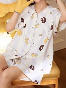 Gongdie 2pcs/Set Miffy Women's Pajama Set, Summer Short Sleeve Soft Modal Cotton Loungewear, Striped Moon & Star Print - Beige - View 6