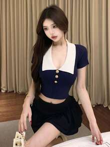 2026学院风撞色翻领针织上衣，金属纽扣罗纹修身毛衣，甜美少女风针织衫，适合年轻女士日常穿着及约会，弹性柔软针织面料，显瘦，适合18-35岁女性夏季穿着 - 寶藍色 - 查看 8