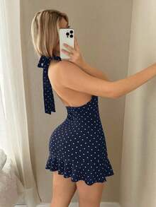 Vestido mini casual, de vacaciones, de estilo retro, con escote en V profundo y estampado de lunares blanco y negro - Azul marino - Ver 2