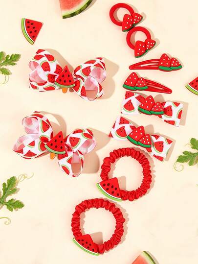 10pcs Girls Watermelon Hair Accessories Set, Cute Fruit Hair Clips & Ties, Summer Hair Barrettes For Girls, Daily Wear, Picnic, Beach Vacation,Holiday Essentials