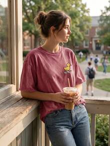 Áo thun nữ 100% cotton in hình vịt vàng dễ thương, màu đỏ nhạt, dáng ngắn, thích hợp mặc hàng ngày. Áo hoodie in hình vịt ngộ nghĩnh, mang tính châm biếm, đề tài sức khỏe tâm thần, áo thun truyền cảm hứng mùa hè. - Đỏ - Xem 8