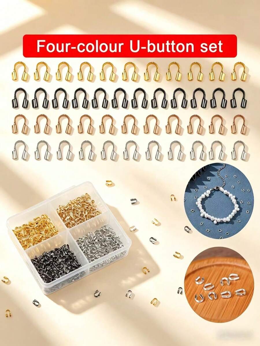 400个/盒,4毫米U型扣,4色套装,每种颜色100个,铜质手链绳端扣,适用于手工手链、项链和珠宝制作配件 - 4色U扣套盒 - 查看 1